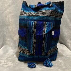 Lillo Woven Drug Rug Backpack Blue Black Striped Boho Drawstring Rucksack